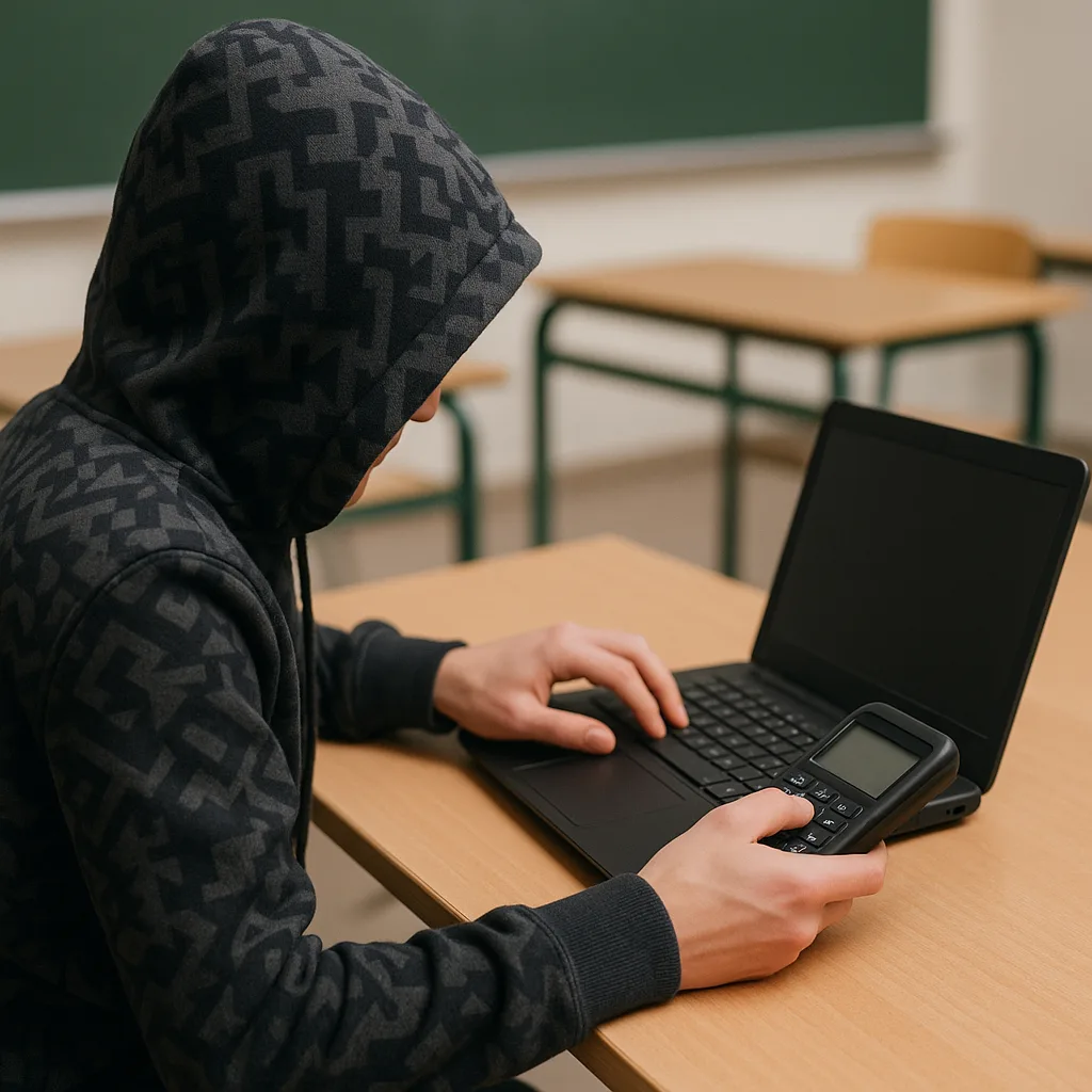 Person Wearing a Patterned Hoodie Interacts with a Laptop