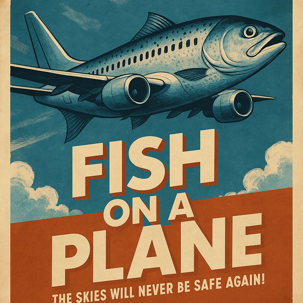 Humorous Poster Featuring an Airplane with Fish Imposed on It