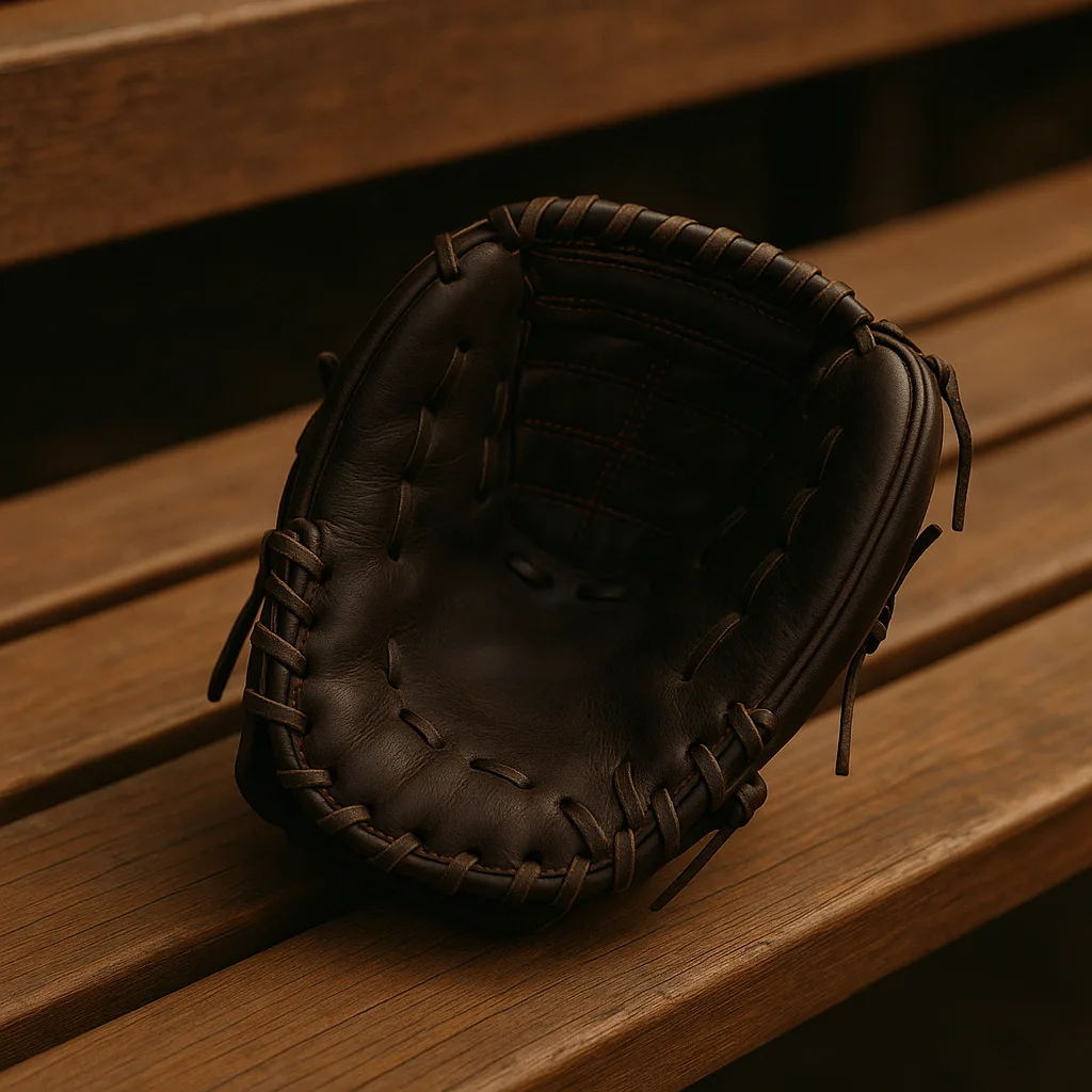 Wooden Bench with a Dark Brown Leather Baseball Glove