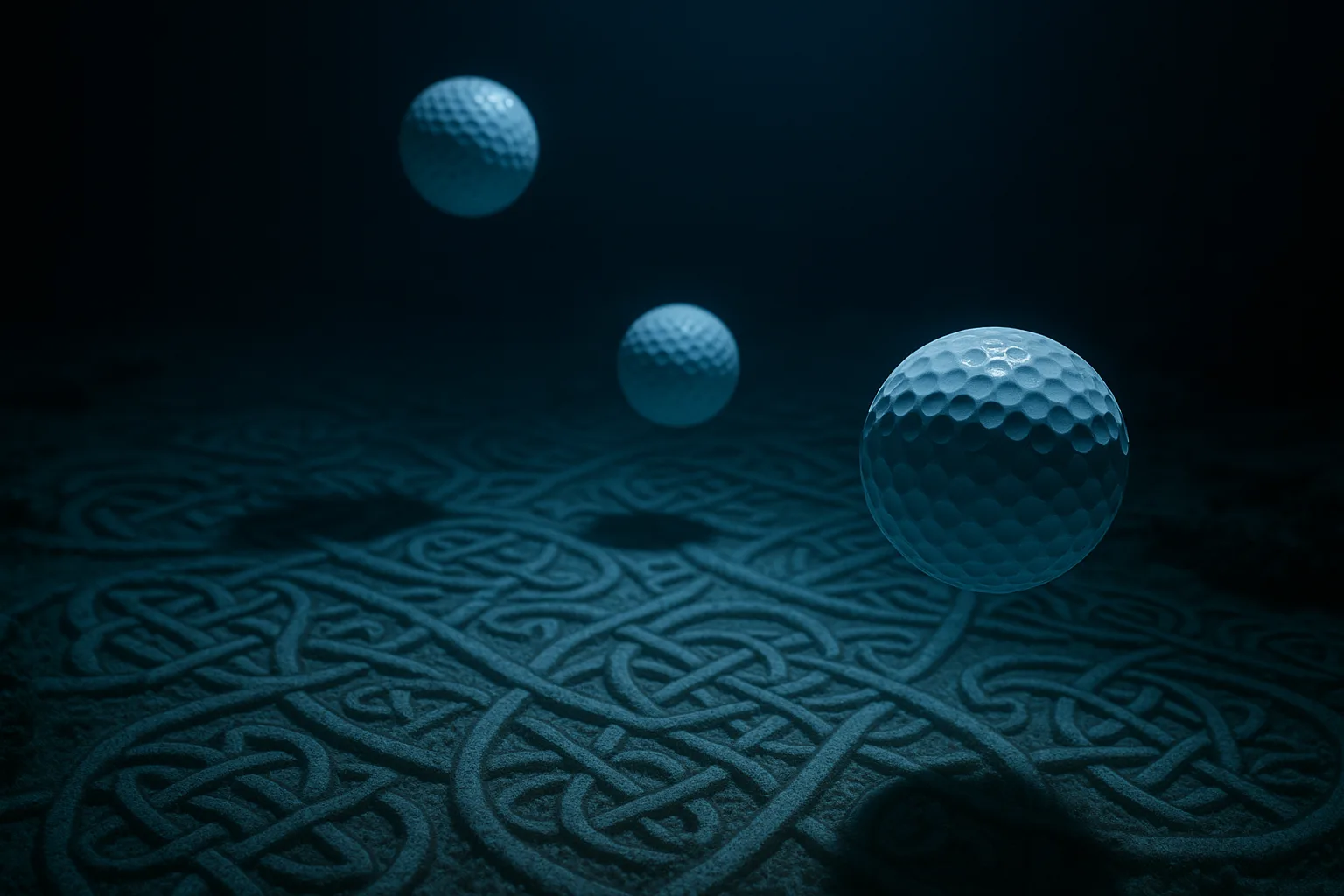 Three Varied Golf Balls Curve Through a Low-key Coral Lagoon