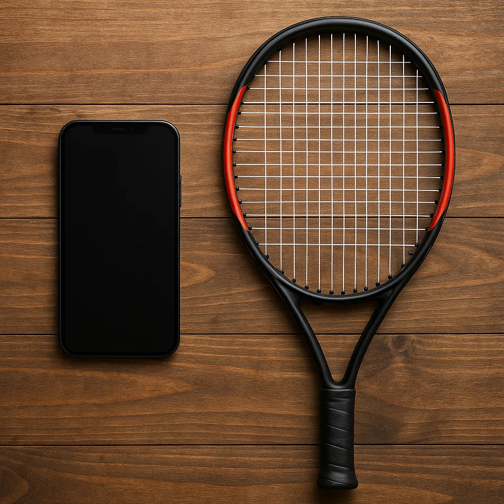 Tennis Racket Positioned to the Right of a Smartphone