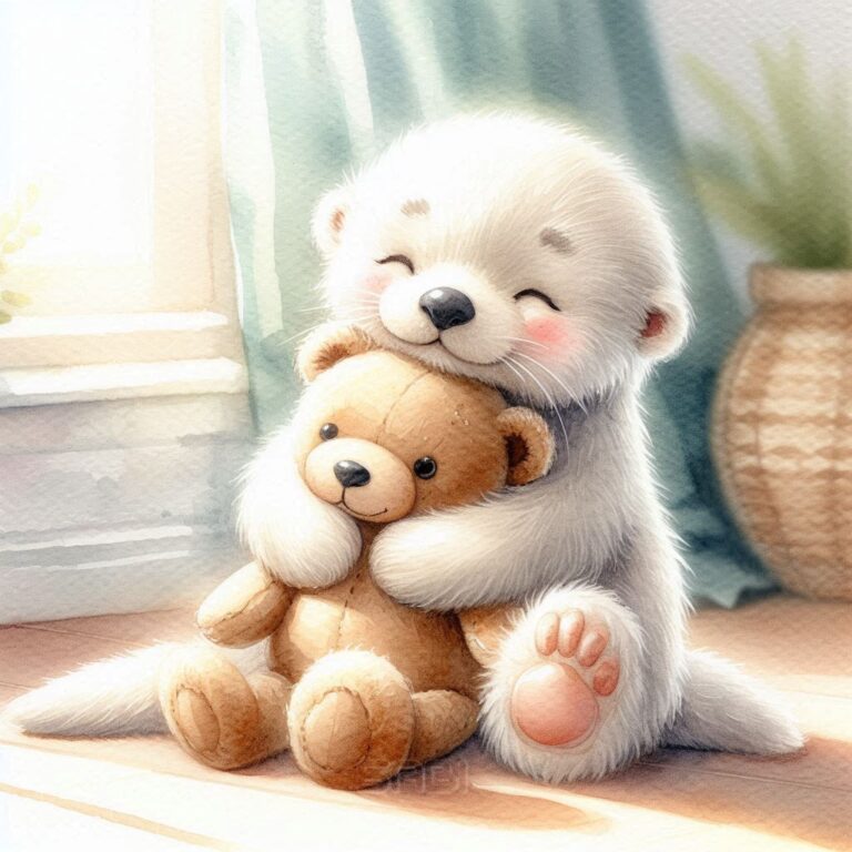 Adorable Sea Otter Cub Hugging Bear