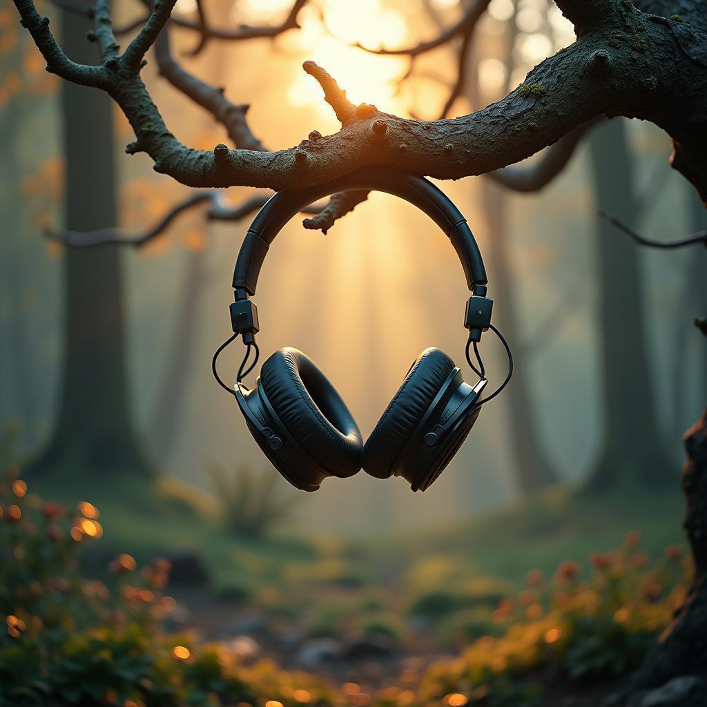 Dreamlike Headphones Hanging in Iridescent Light