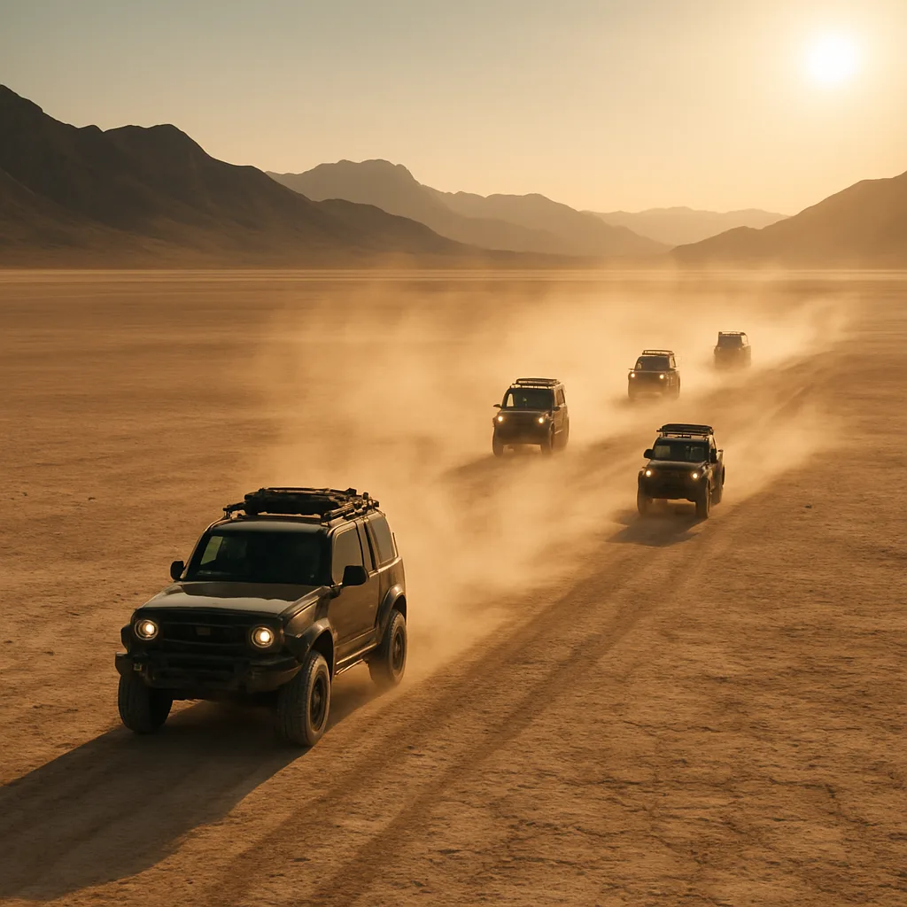 Small Convoy of Rugged Vehicles Kicks Up Distant Dust Trails