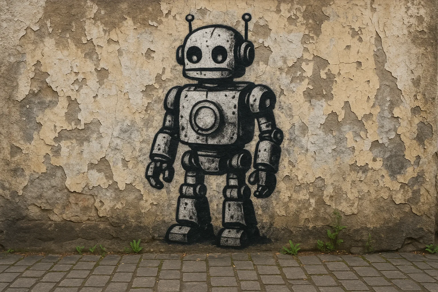 Spray-painted Mural of a Robot Decorates a Worn Concrete Wall