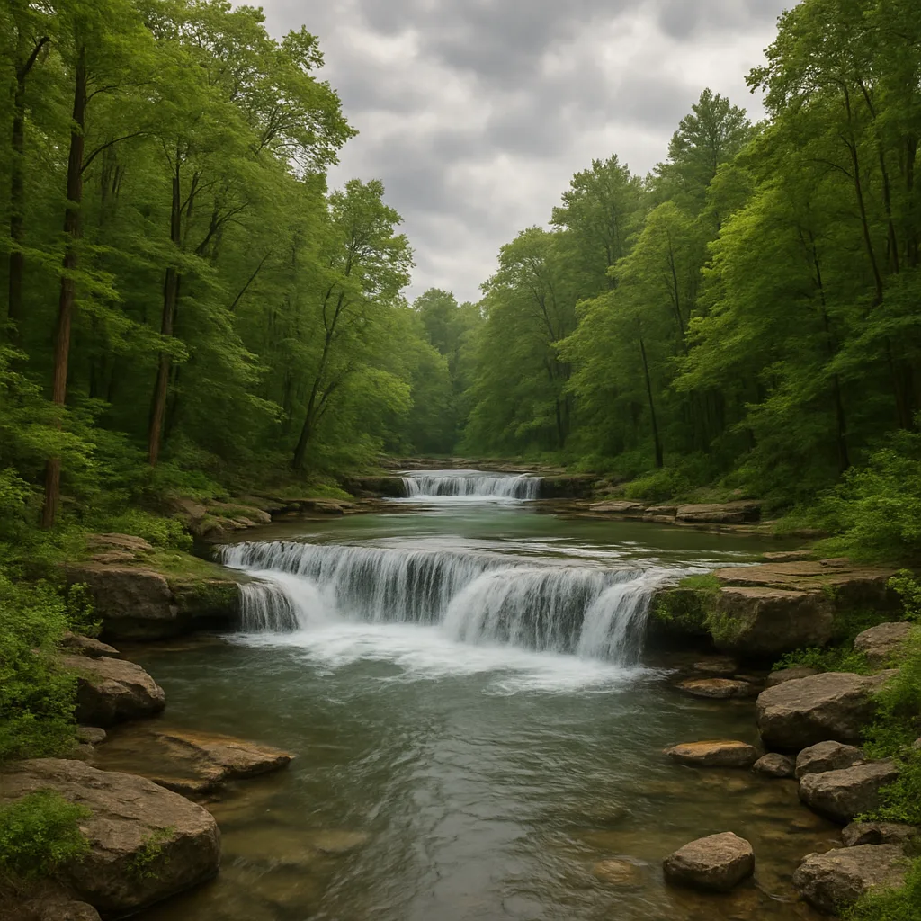 Serene Forest River with Cascading Waterfalls Surrounded by Lush Greenery