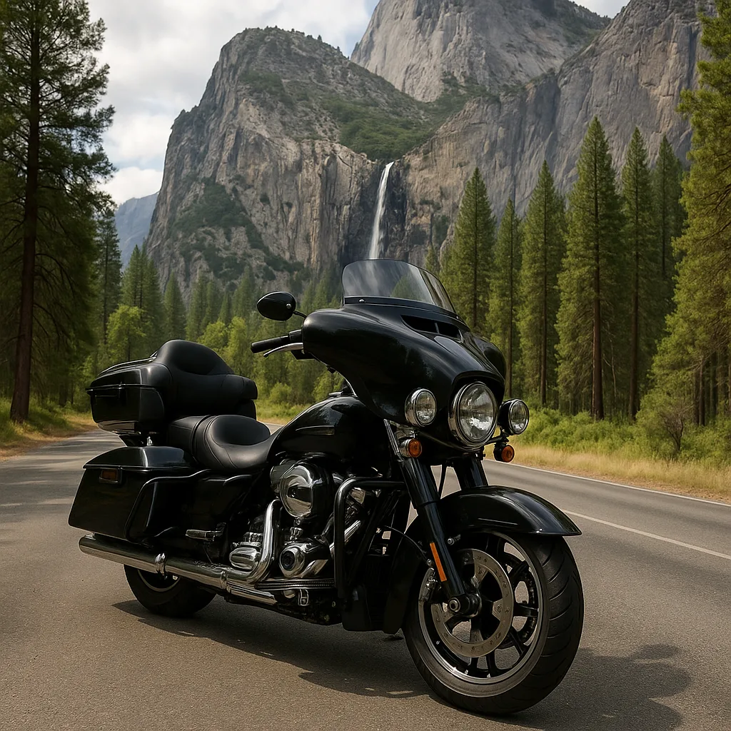 Black Touring Motorcycle Parked on a Road Surrounded by Trees