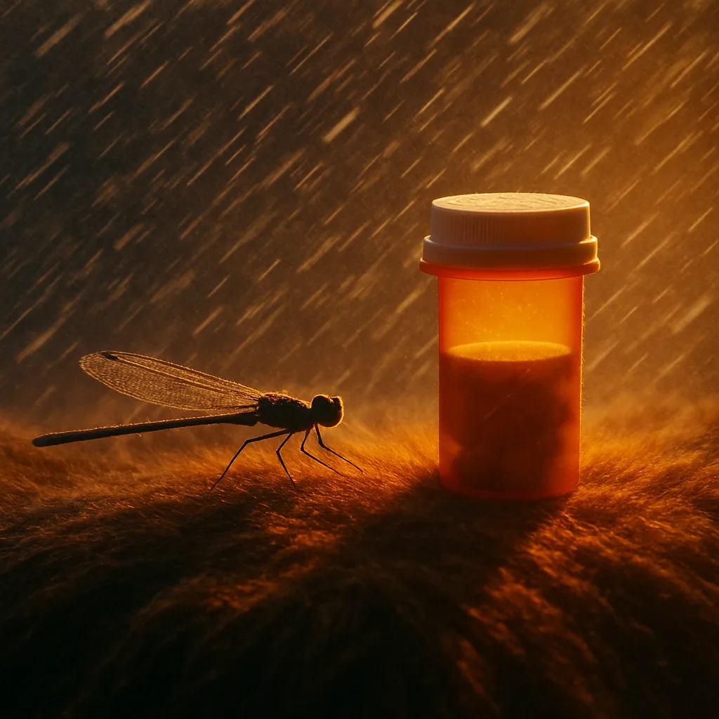 Damselfly and Pill Bottle on a Bearskin