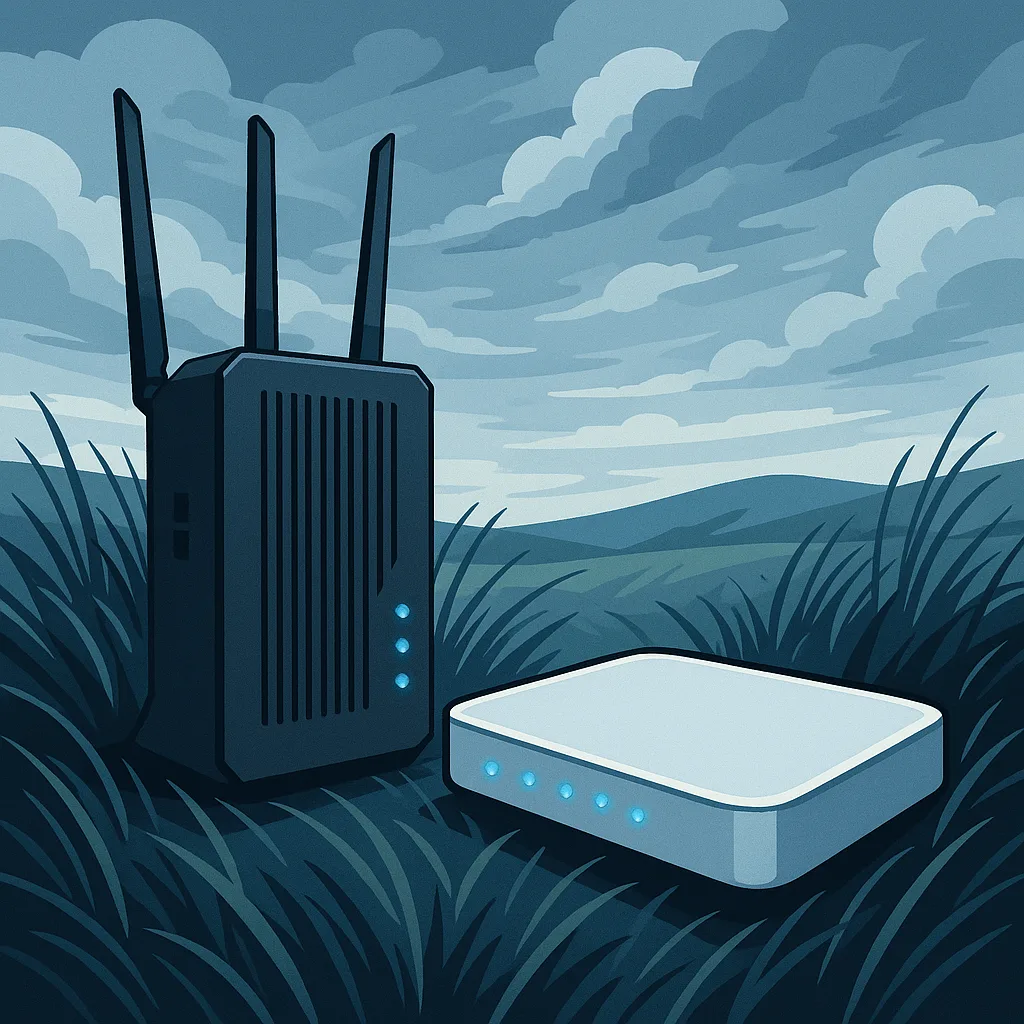 Two Strikingly Different Modems—one an Upright Tower in Dark Charcoal