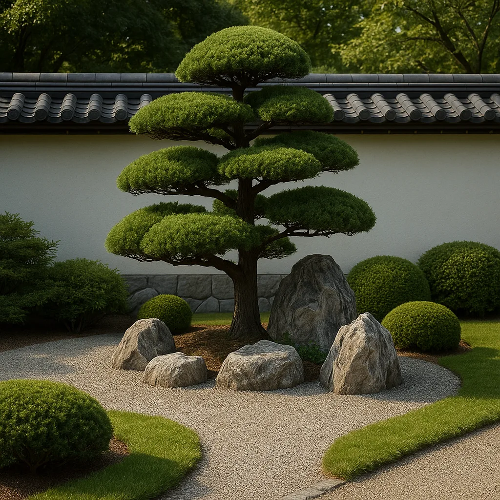 Manicured Garden Featuring a Sculpted Evergreen Tree