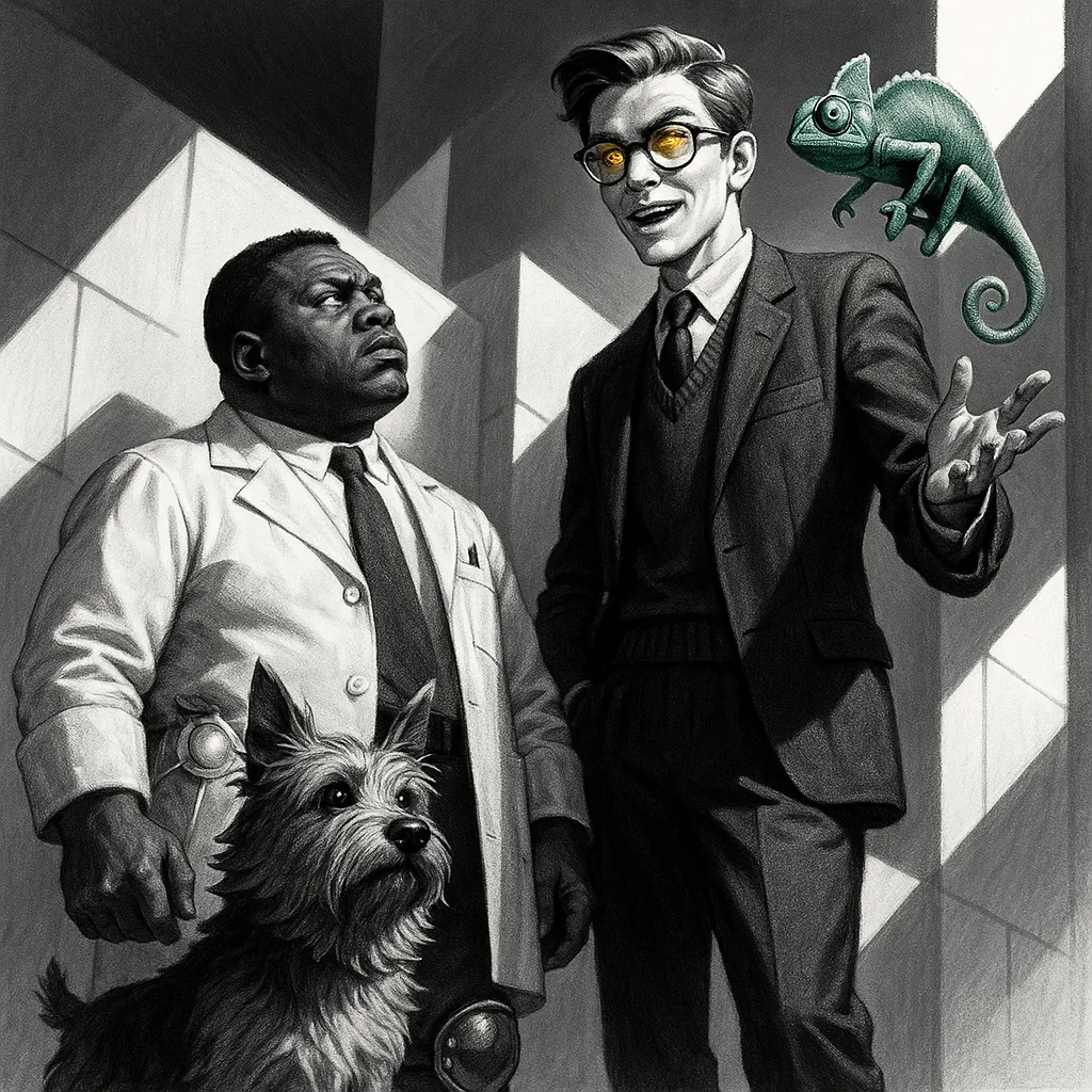 Stocky Sub-Saharan African Scientist in Mid-20th-century Atomic-age Attire