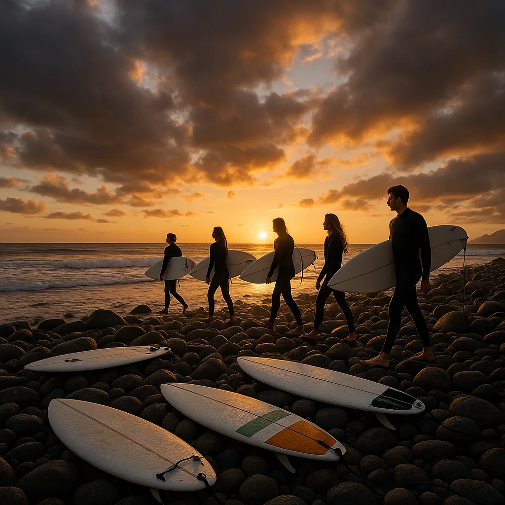 Surfers Walking on a Rocky Beach with Scattered Surfboards