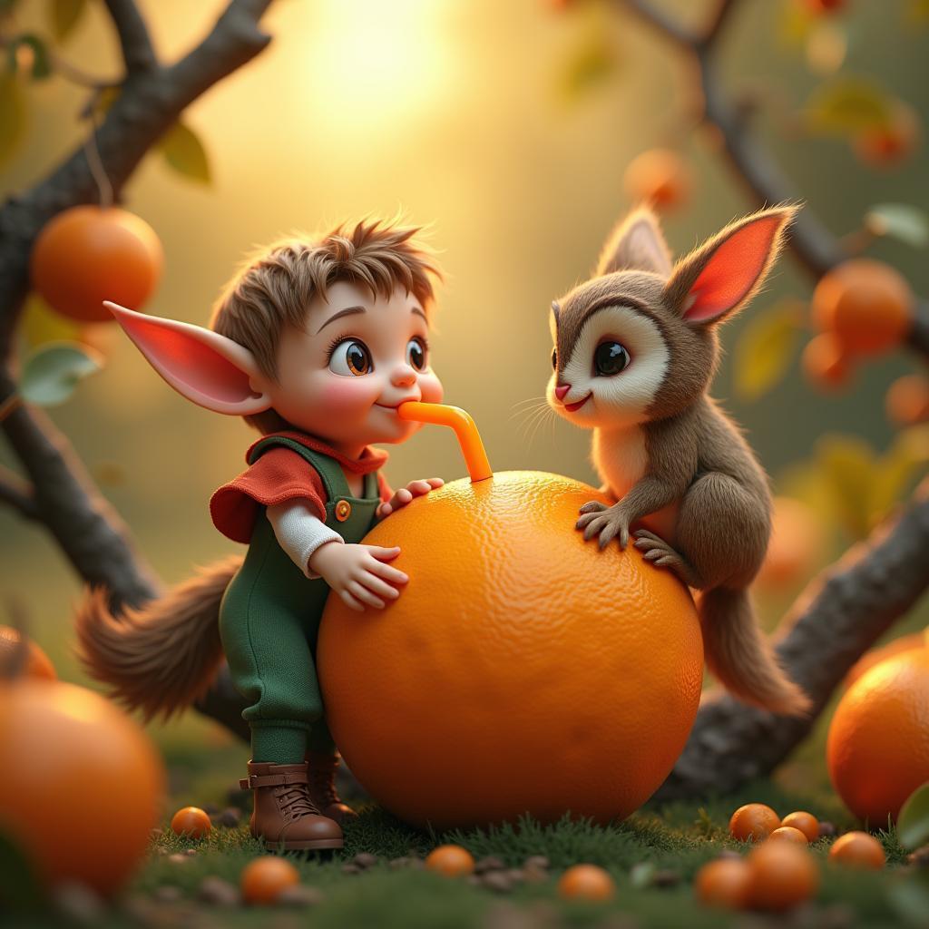 Elf Sipping Juice From a Giant Orange