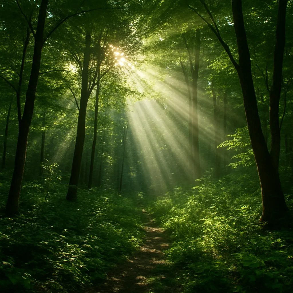 Rays of Sunlight Pierce Through the Thick Forest Canopy