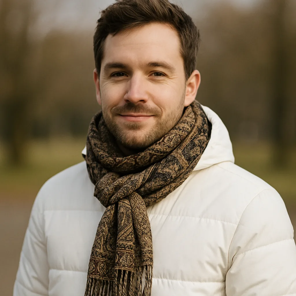 Person Wearing a White Jacket and a Patterned Scarf Outdoors