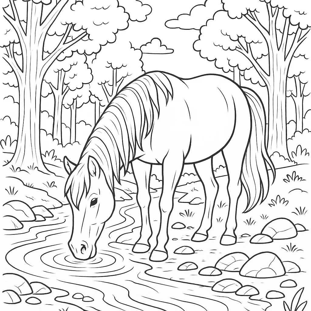 Coloring Book Illustration Featuring a Horse Taking a Drink