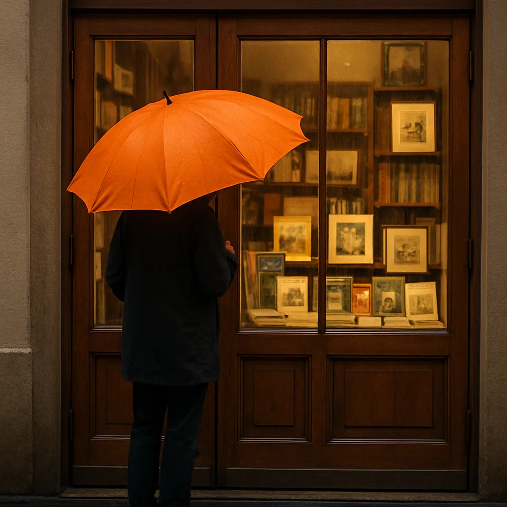 Person Holding a Bright Orange Umbrella Examines a Display