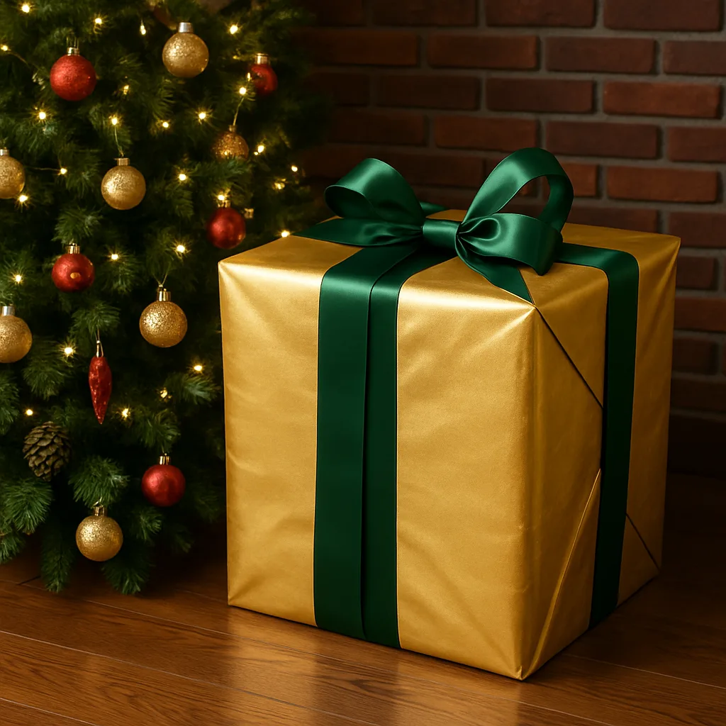 Prominently Sized Present Covered in Gold Wrapping Paper
