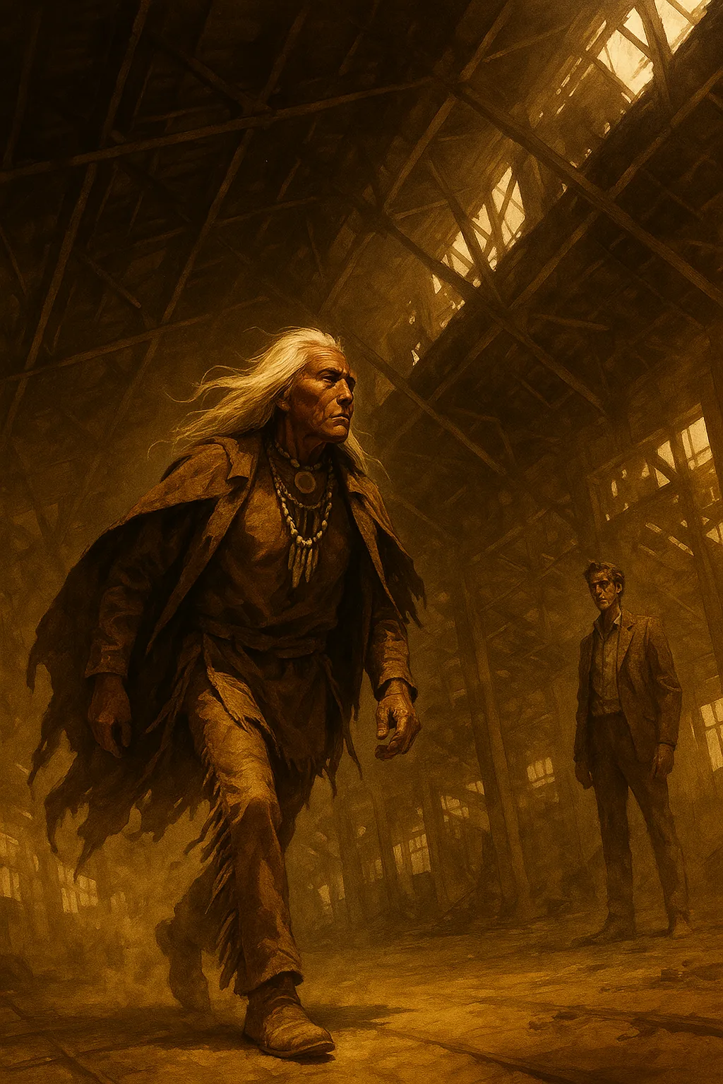 Resolute Indigenous Leader with Striking White Hair Strides