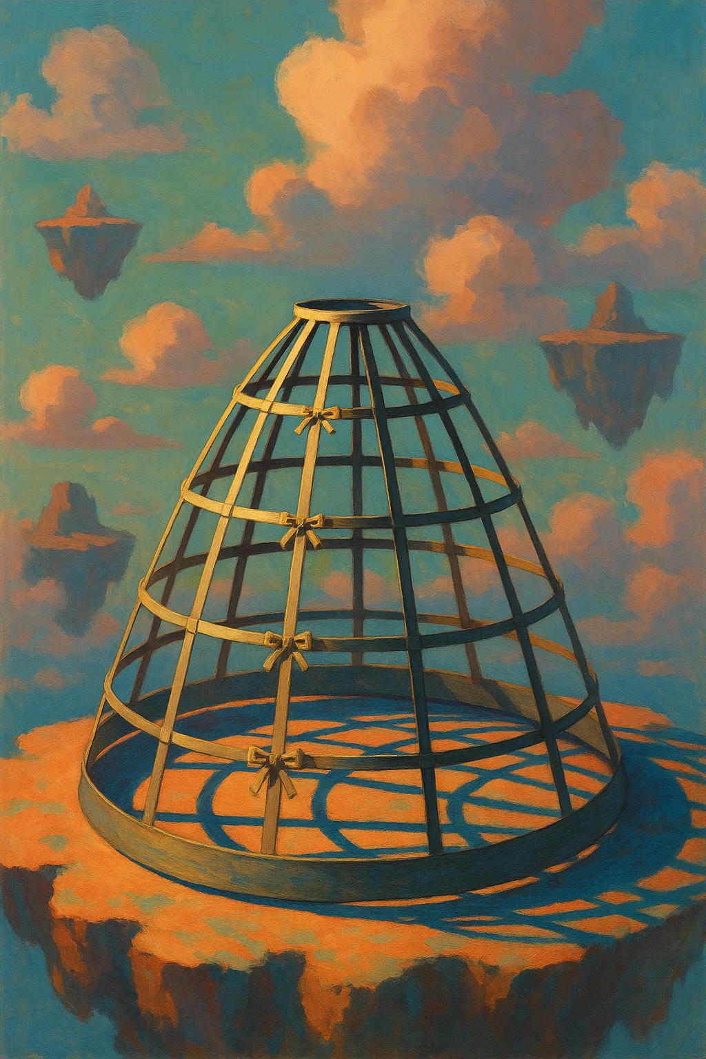 Amidst Floating Islands Suspended in a Pastel Cloudy Sky