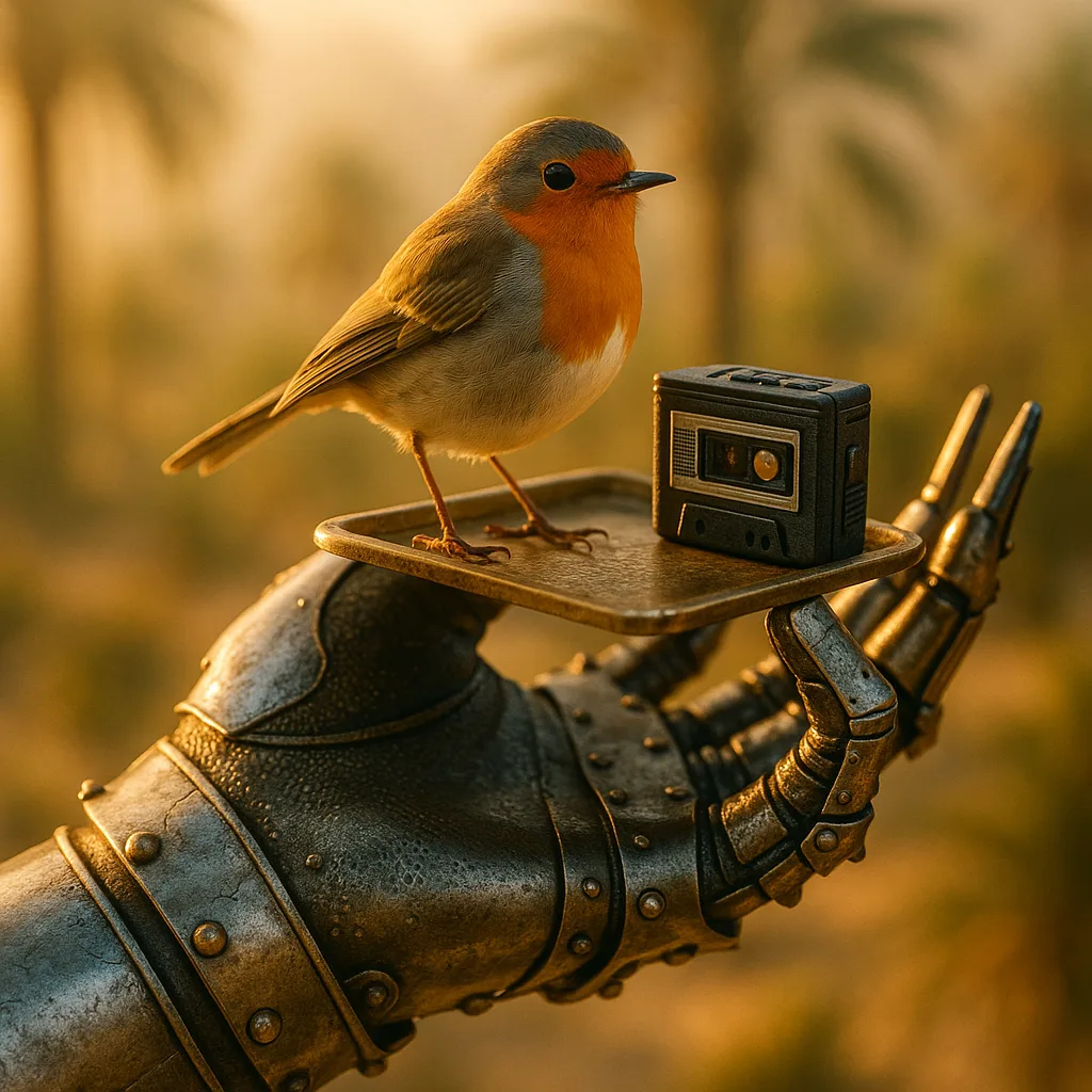 Medieval Gauntlet Offers a Miniature Tray Holding a Tiny Robin