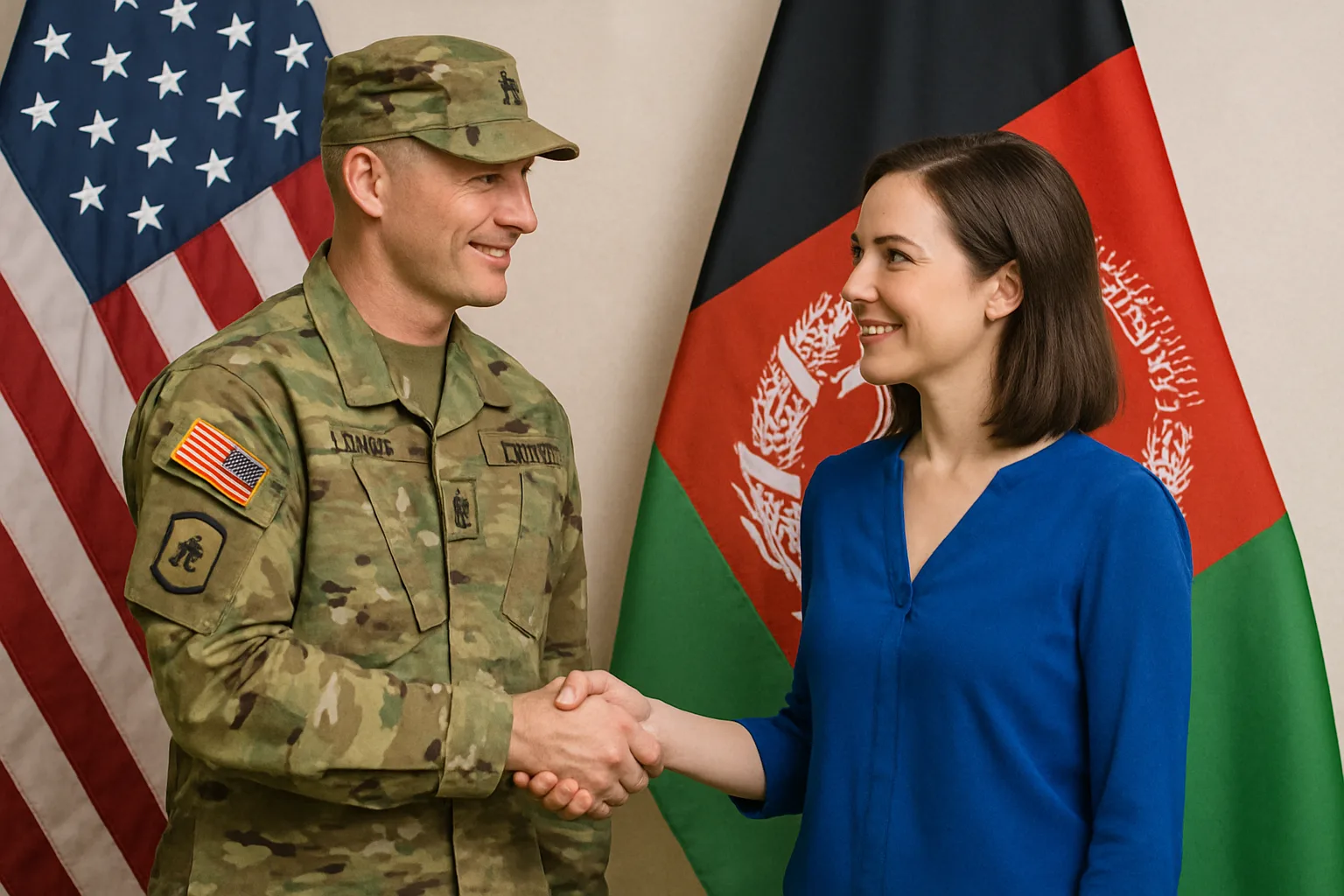 U.S. Army Officer in Camouflage Uniform Shakes Hands
