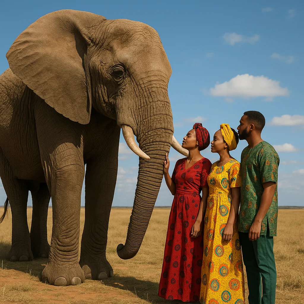 Three Individuals Stand Close to a Magnificent Elephant