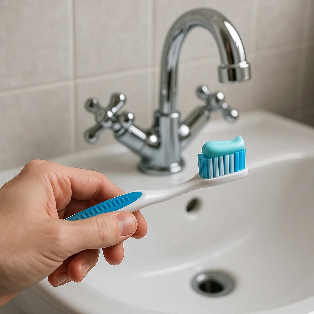Hand Holding a Toothbrush with Toothpaste
