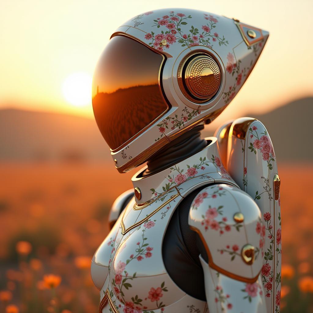 Floral Patterned Robot Astronaut in Detailed 3D