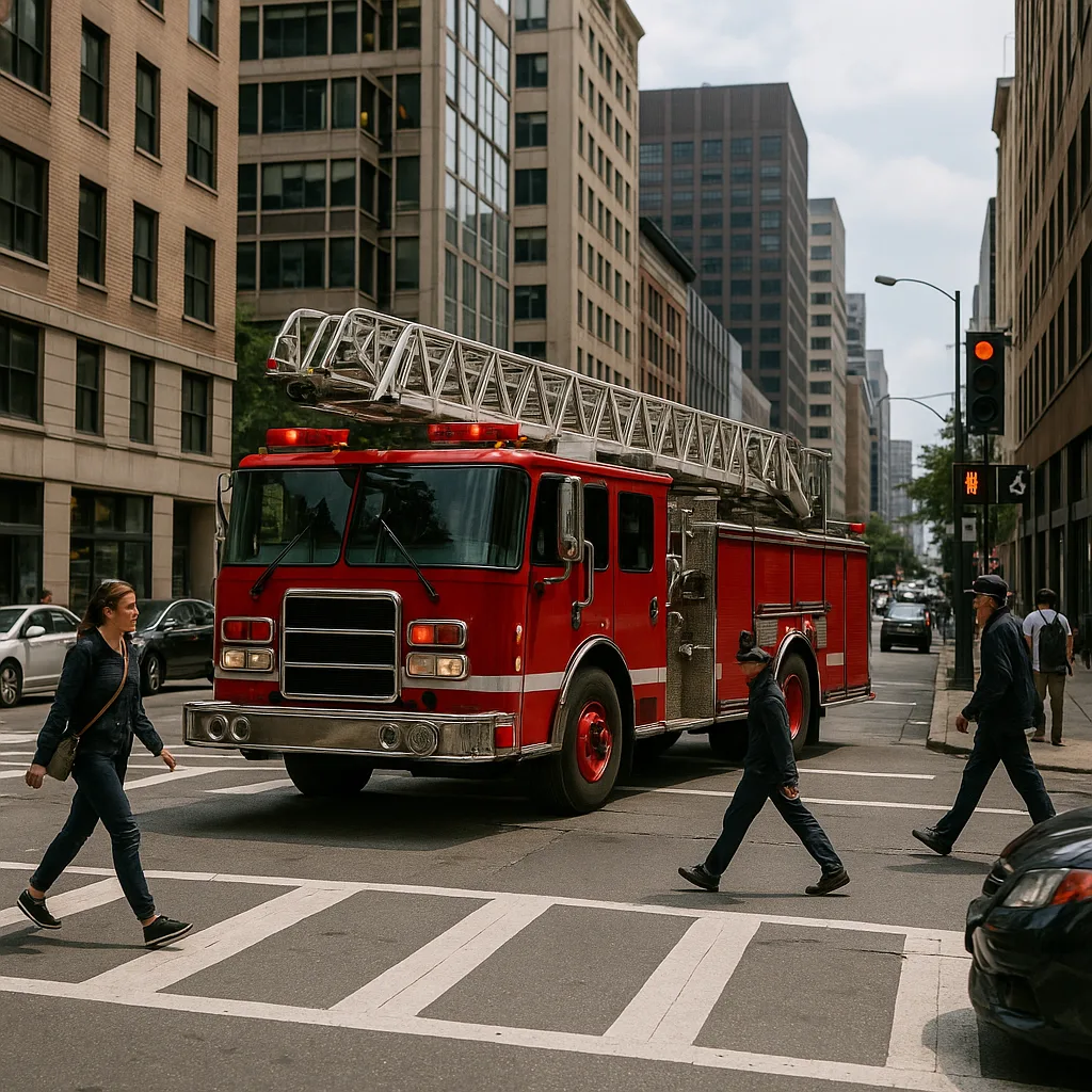 Red Fire Truck with Ladders Drives Through an Urban Intersection