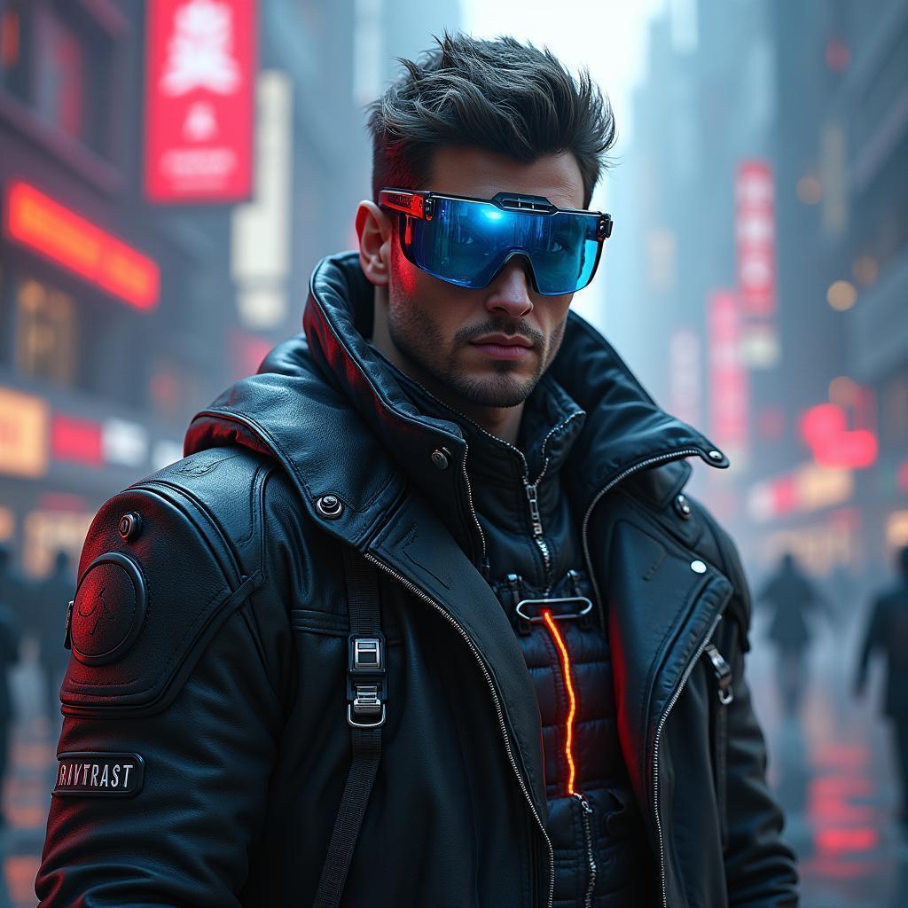 Adam Jensen Amid Neon City Lights
