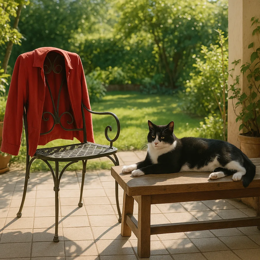 Black-and-white Cat Lounges on a Bench in a Sunlit Patio