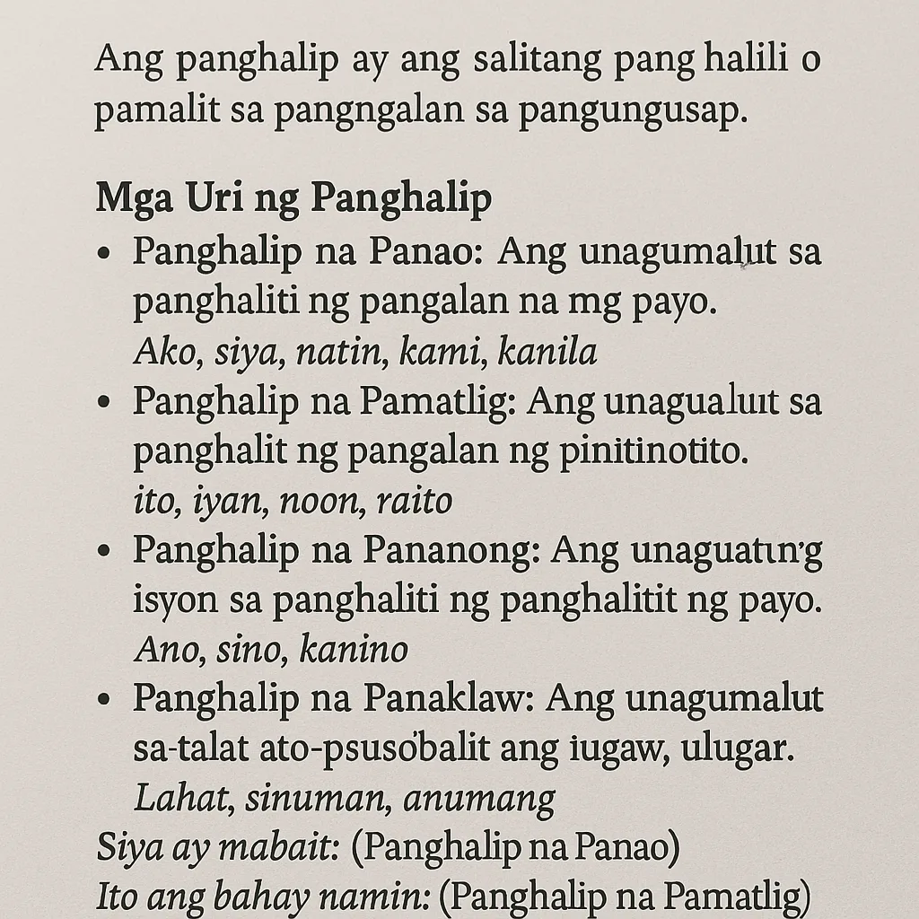 Page of Text in Filipino Discussing "Panghalip," Including its Definition