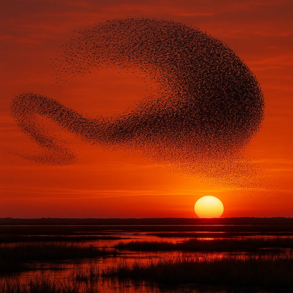 Enormous Flock of Countless Starlings Creates