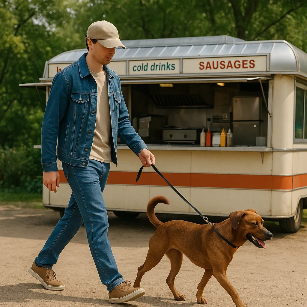 Person in Casual Attire Walks a Brown Dog