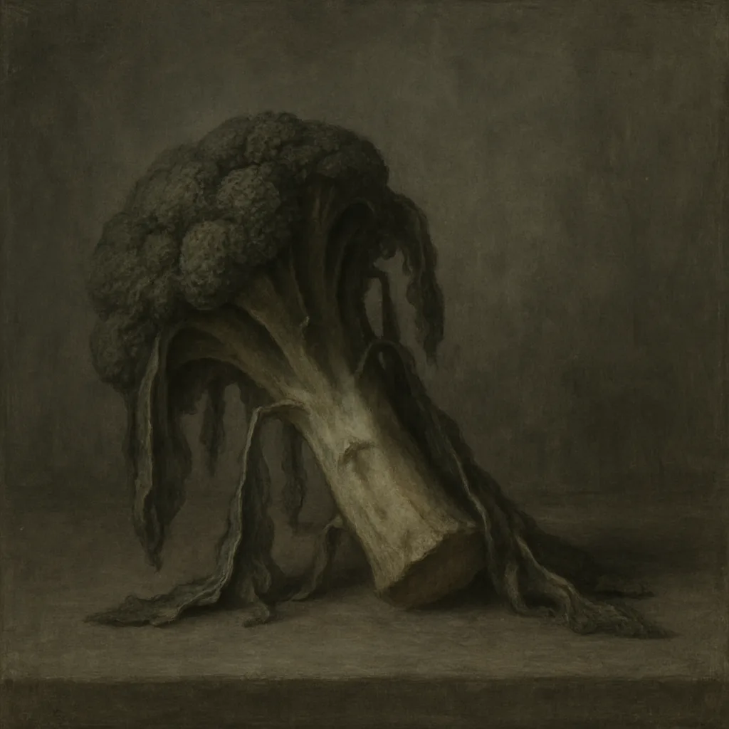 Depict a Sorrowful Setting Featuring Wilted Broccoli