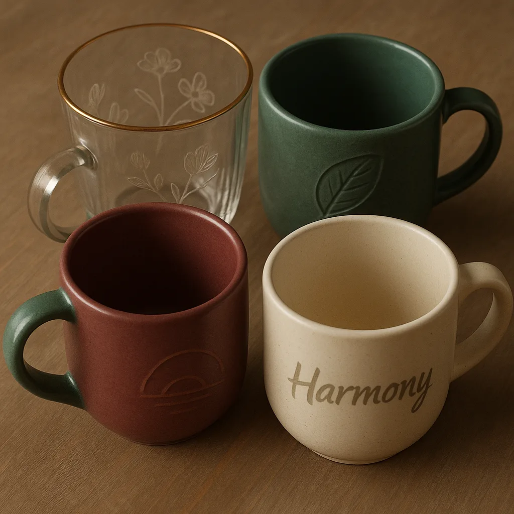 Hyper-realistic 3D Rendering Showcasing Four Ceramic Tea Cups Arranged Closely
