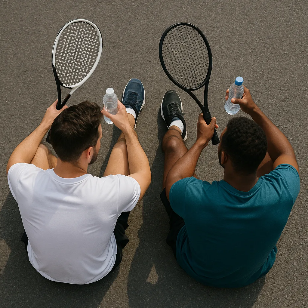 Two Men Sitting on the Pavement with Tennis Rackets