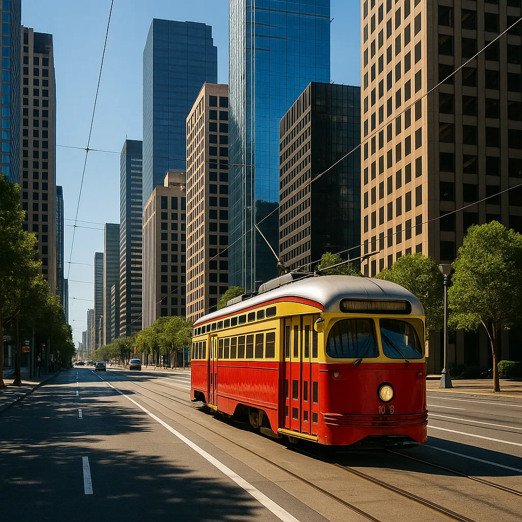 Streetcar Travels Down a City Boulevard
