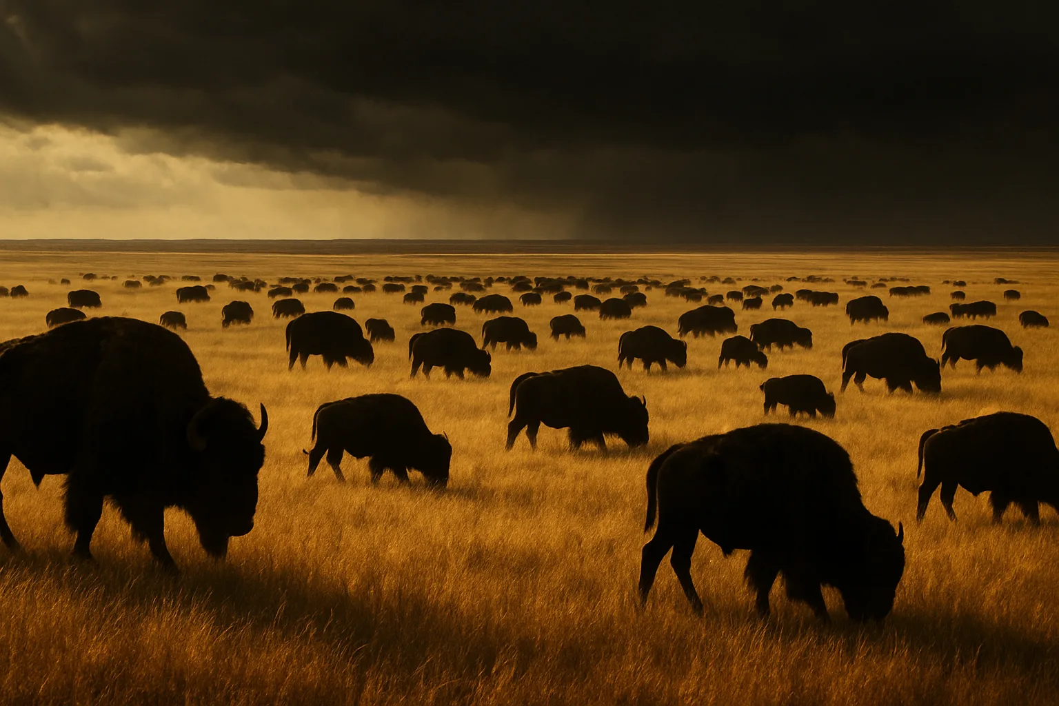 Vast Herd of Shadowy Bison Grazes Peacefully on an Immense