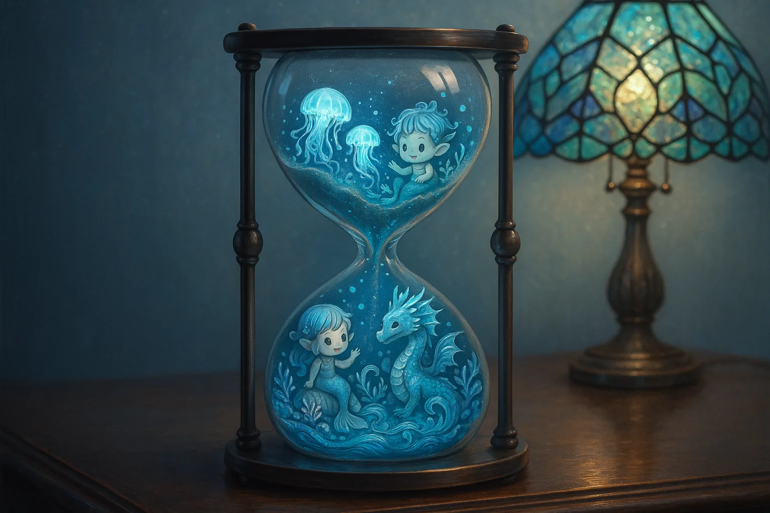 Ornate Hourglass Stands Serenely Atop a Vintage Desk