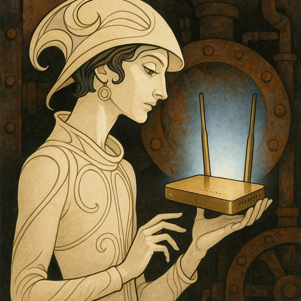 Androgynous Figure in Minimalist Art Nouveau Attire Curiously Regards