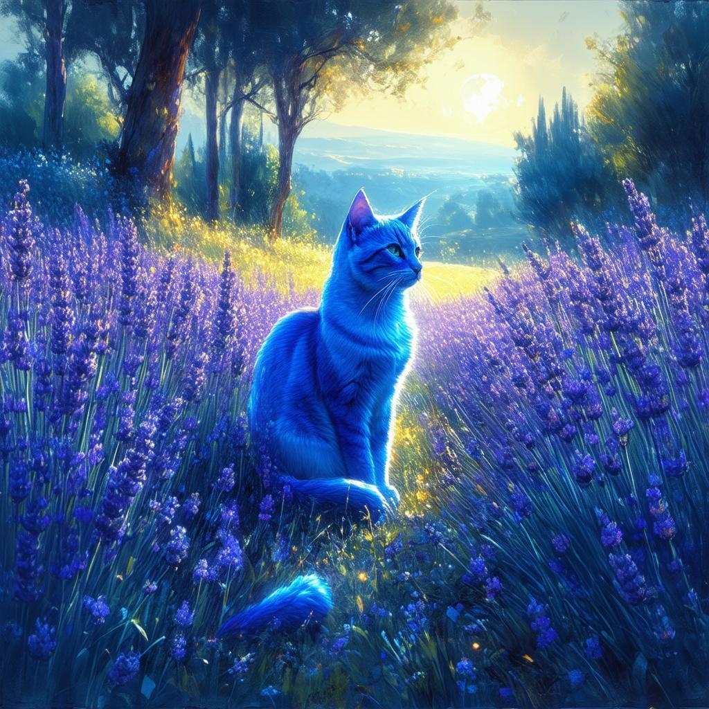 Glowing Blue Cat in a Lavender Field