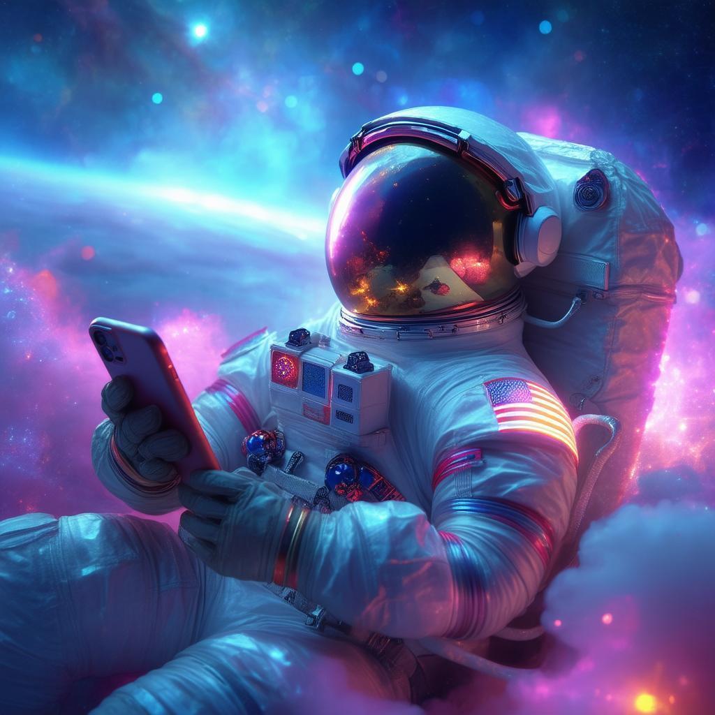 Sixties Astronaut Scrolling a Glowing Smartphone in Space