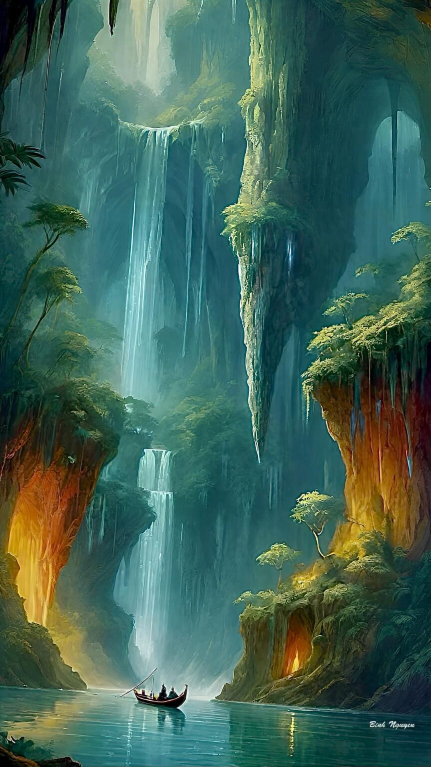Enchanting Stalactite Cave with Waterfall