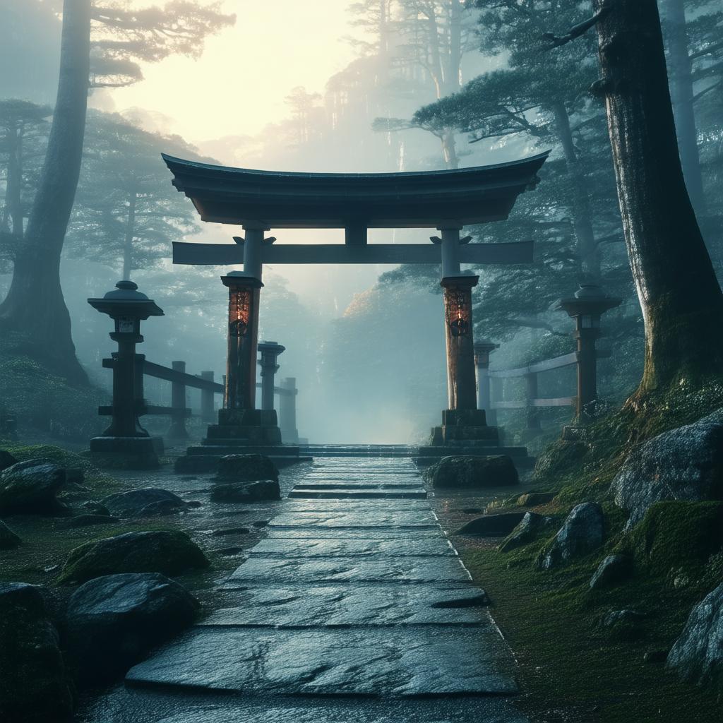 Misty Mountain Torii Gate at Ethereal Dawn