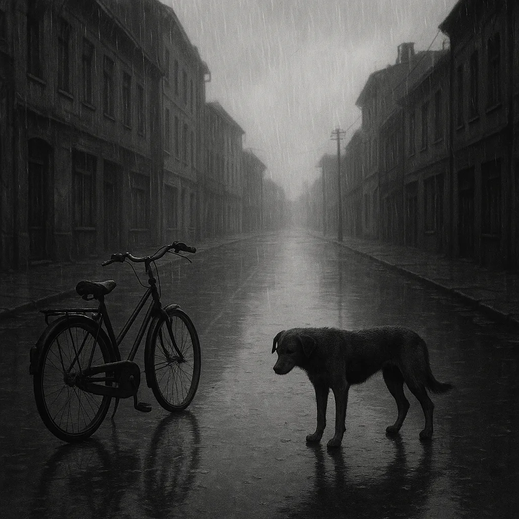 Somber Black-and-white Image of an Empty Street under Rainfall