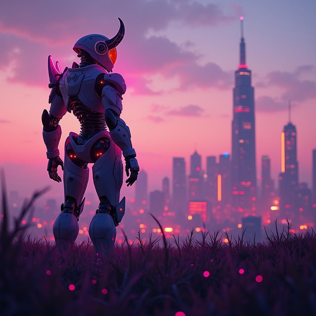 Horned Neon Robot Facing a Glowing Cityscape