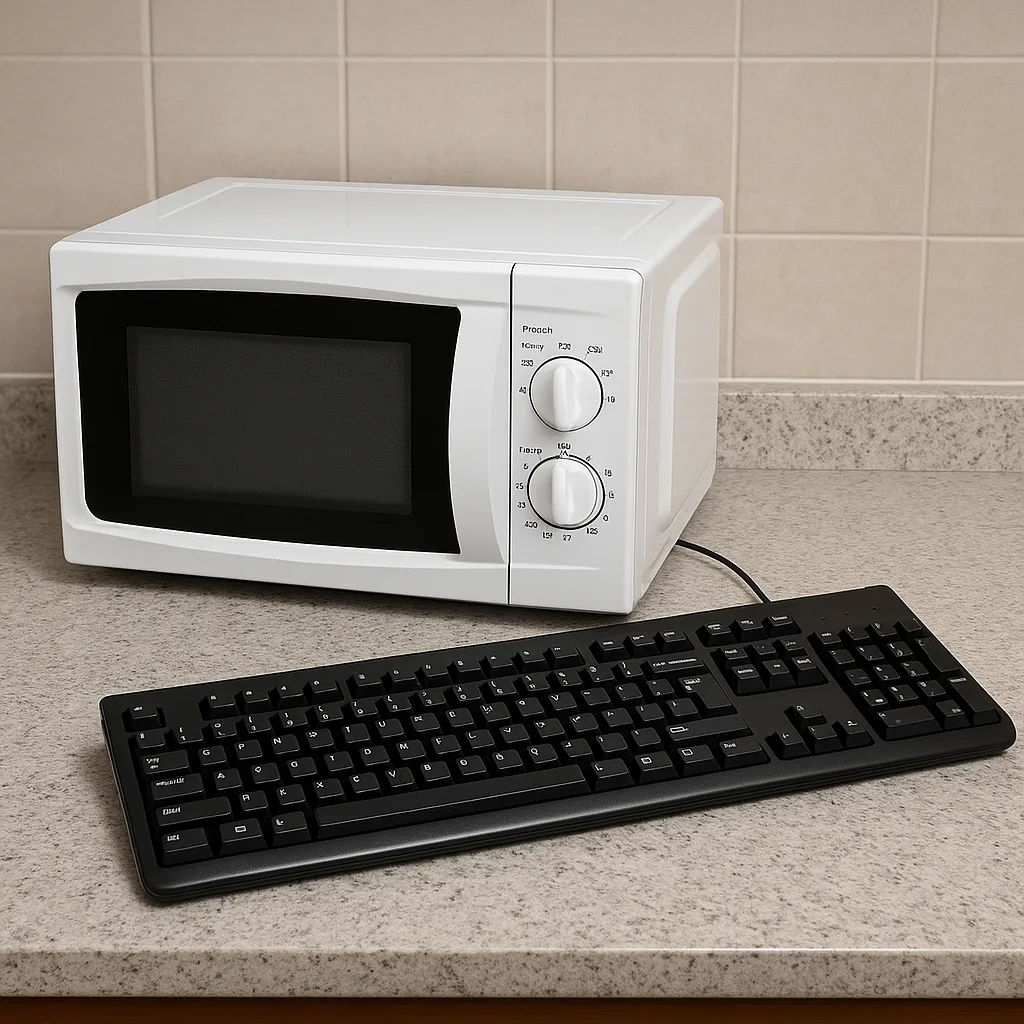 Computer Keyboard Placed Beside a Microwave on a Kitchen Countertop