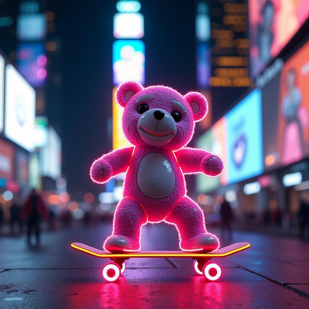 Neon Teddy Bear Skateboarding Through Times Square